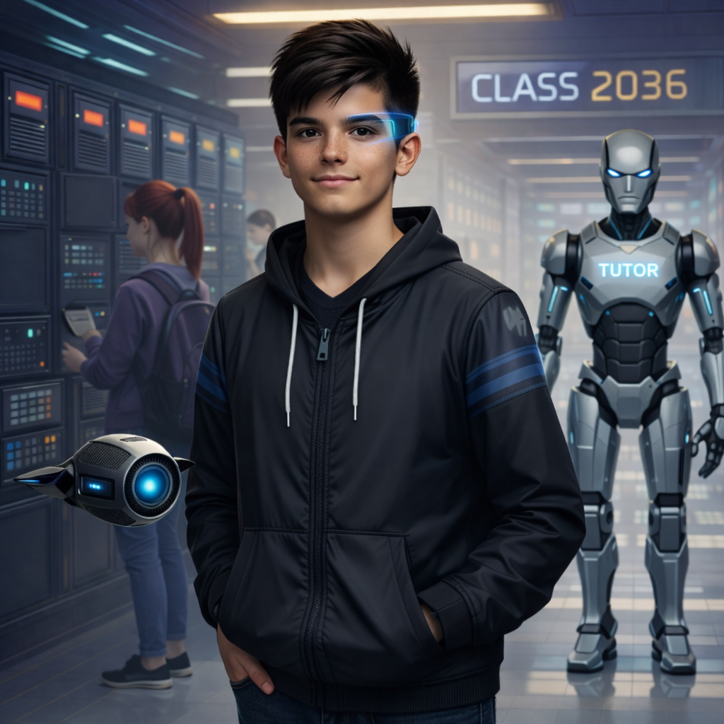 Teen student with digital tablets and augmented reality glasses in futuristic school corridor